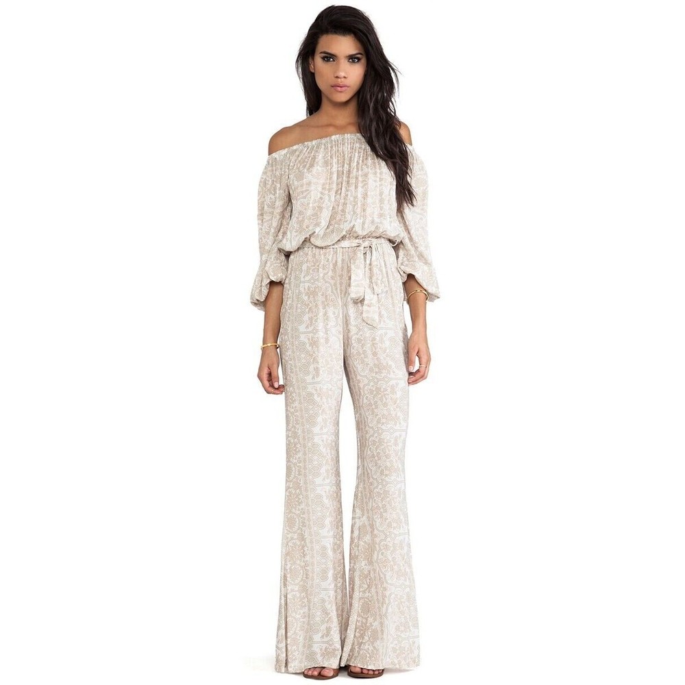 Novella Royale Rosewood Jumpsuit S Floral Balloon Sleeve Beige Off Shoulder